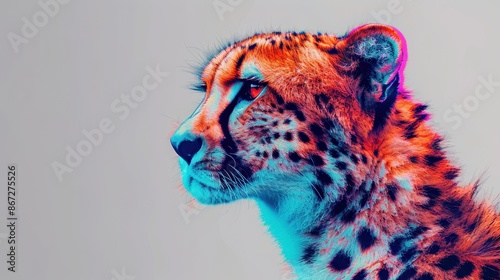 Vibrant Neon Cheetah Portrait with Futuristic Colors and Artistic Lighting on a Neutral Background