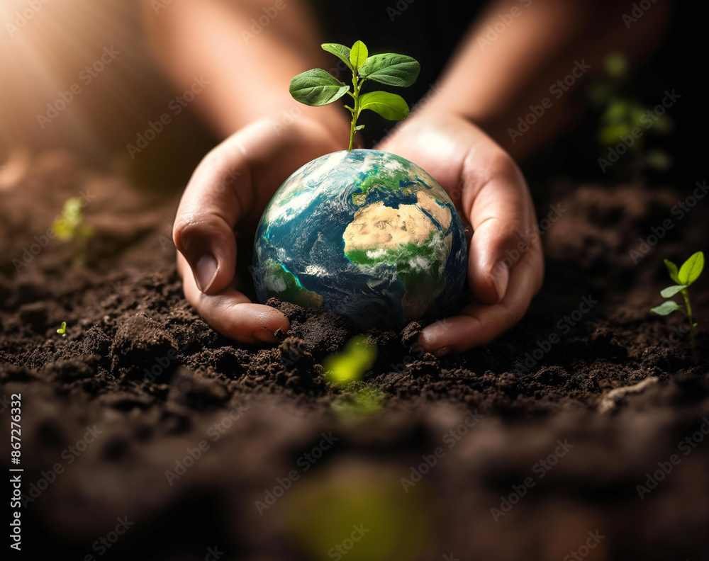 An eco-conscious individual holding the Earth in their hands, surrounded by lush green plants and soil, symbolizing environmental care.