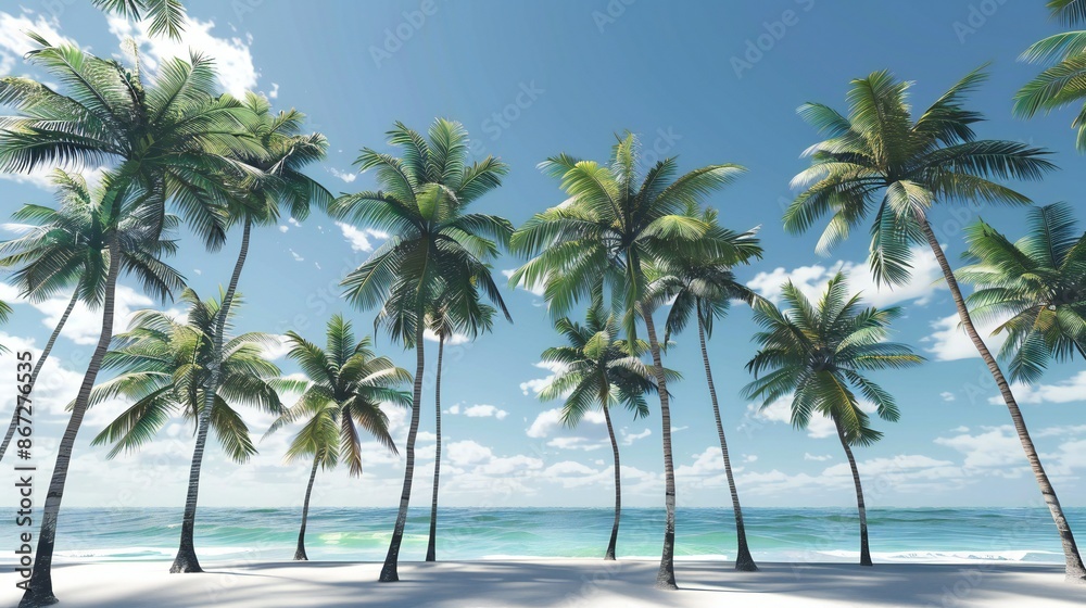 the majestic coconut palms lining the beach, their towering fronds swaying gently in the ocean breeze like nature's graceful dancers. the majestic coconut palms lining the beach, their towering fronds swaying gently in the ocean breeze like nature's graceful dancers.