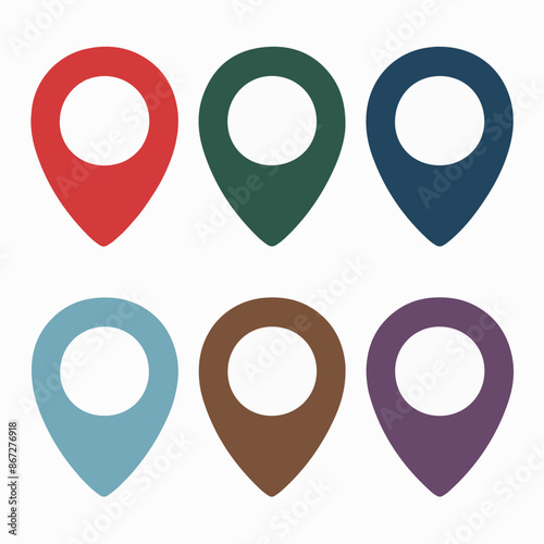 Six location markers, each in a distinct color. These markers are designed as pin-like shapes with a circular hole in the center. They are arranged in two rows, with three markers in each row.  photo