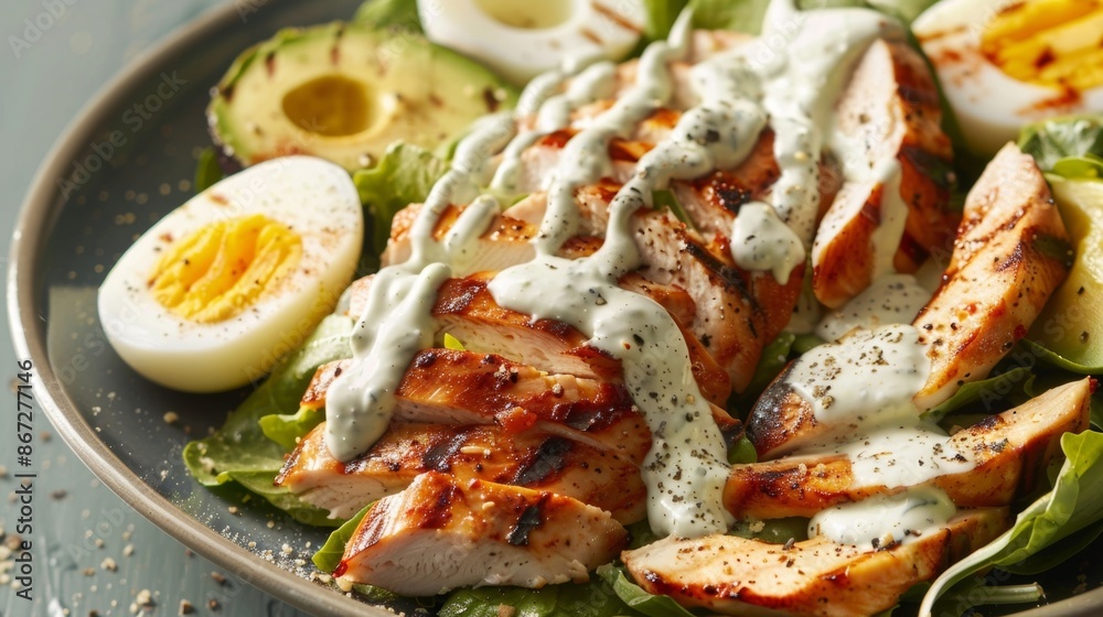 A proteinpacked salad with diced grilled chicken hardboiled egg sliced avocado and a creamy ranch dressing. A proteinpacked salad with diced grilled chicken hardboiled egg sliced avocado and a creamy ranch dressing.