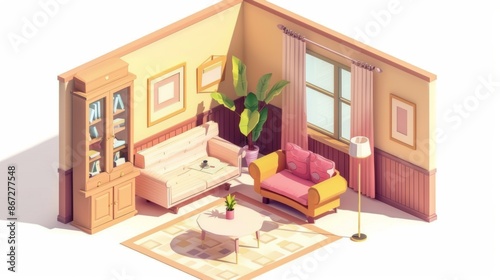 3D isometric nostalgia room filled with classic items from past decades photo