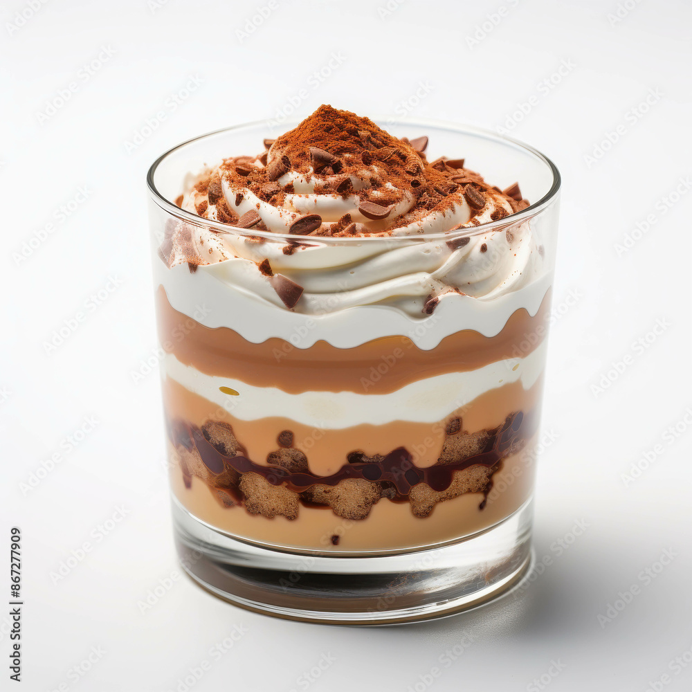 Layered Dessert Glass with Cream, Chocolate, and Biscuits Topped with Cocoa and Chocolate Chips Layered Dessert Glass with Cream, Chocolate, and Biscuits Topped with Cocoa and Chocolate Chips