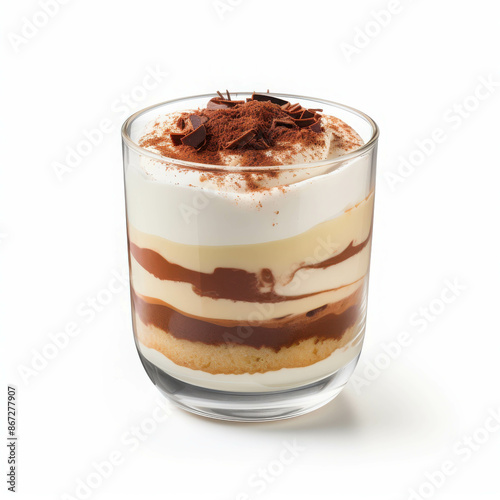 Layered Dessert Glass with Cream, Chocolate, and Biscuits Topped with Cocoa and Chocolate Chips