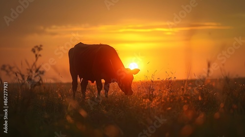 Fototapeta Naklejka Na Ścianę i Meble -  Lonely cow grazing in the setting sun. 