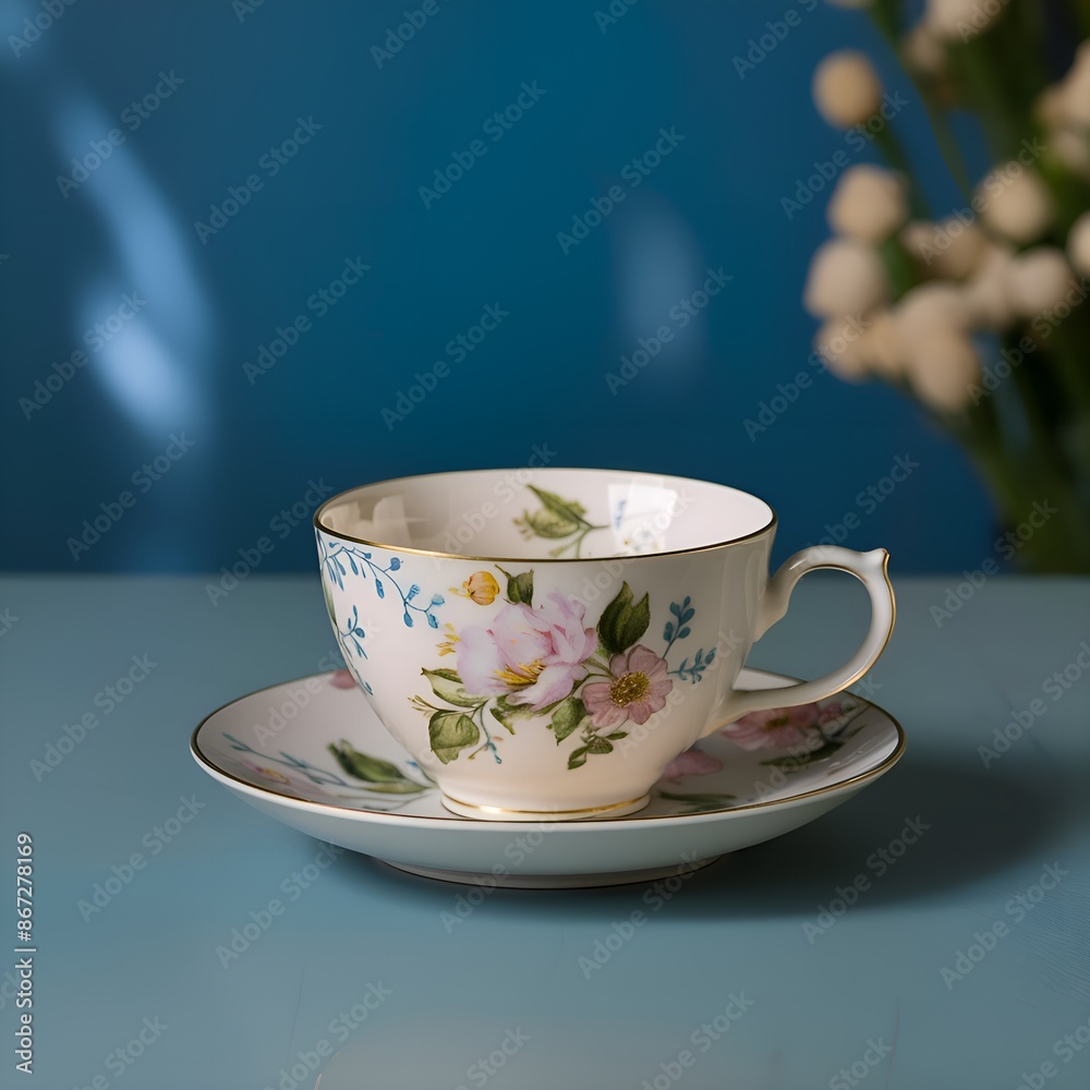 Floral Patterned Tea Cup on a blue background Floral Patterned Tea Cup on a blue background
