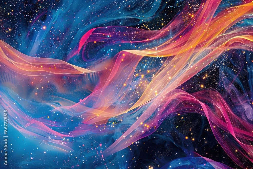 Ethereal tendrils of energy intertwine, weaving tapestries of vibrant hues against a backdrop of cosmic dust. 