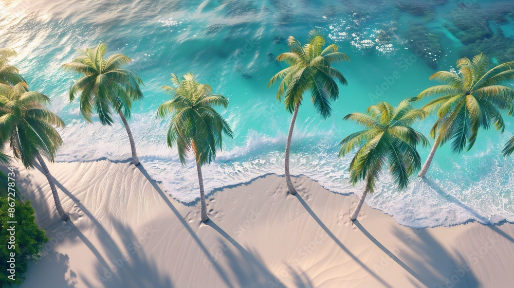 Obraz premium the tranquil beauty of coconut palms lining the beach, their slender trunks standing tall against the azure backdrop of sea and sky, captured in stunning aerial views.