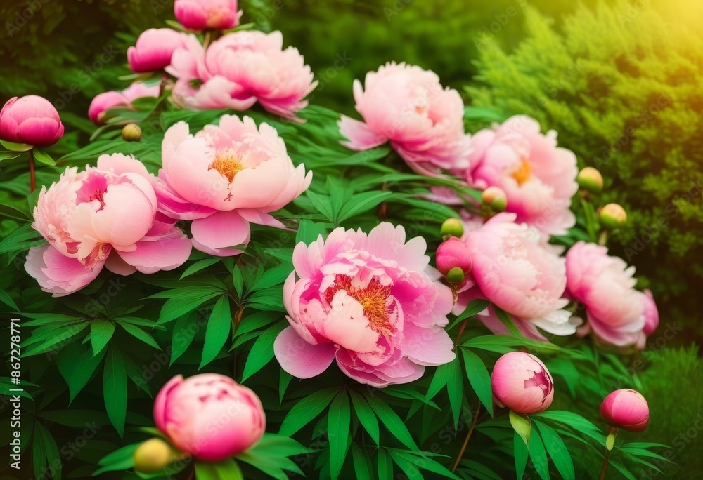 A close-up of a pink peony flower in a garden with green foliage in the background A close-up of a pink peony flower in a garden with green foliage in the background