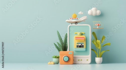 3D illustration of a smartphone with travel icons, representing online travel booking and planning. photo