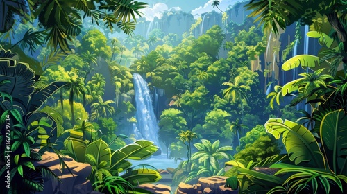 Lush Tropical Jungle Waterfall Paradise. A Vibrant Illustration