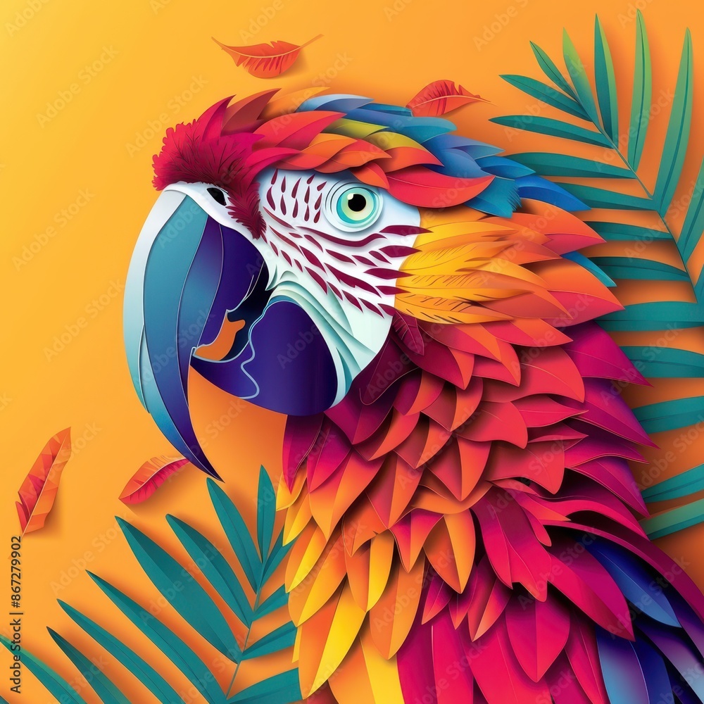 Fototapeta premium colorful parrot with leaves and leaves on an orange background
