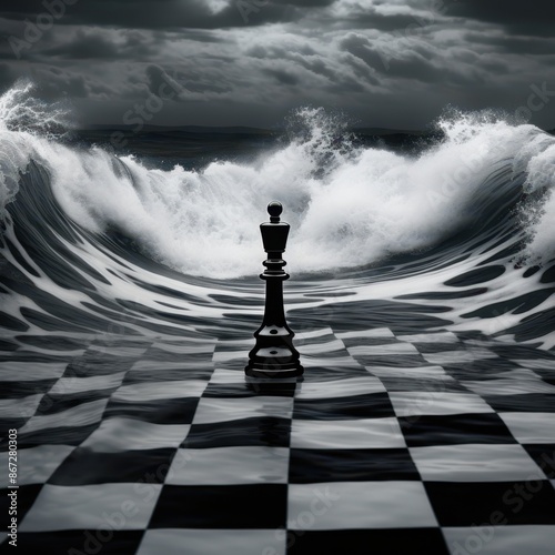 a chess piece on a checkered board in front of a wave