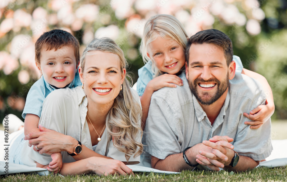 Portrait, family and grass for picnic, nature and outdoor to relax in summer, love and bonding in break. Parents, woman and man with children, happy and weekend for connecting with young kids in park Portrait, family and grass for picnic, nature and outdoor to relax in summer, love and bonding in break. Parents, woman and man with children, happy and weekend for connecting with young kids in park