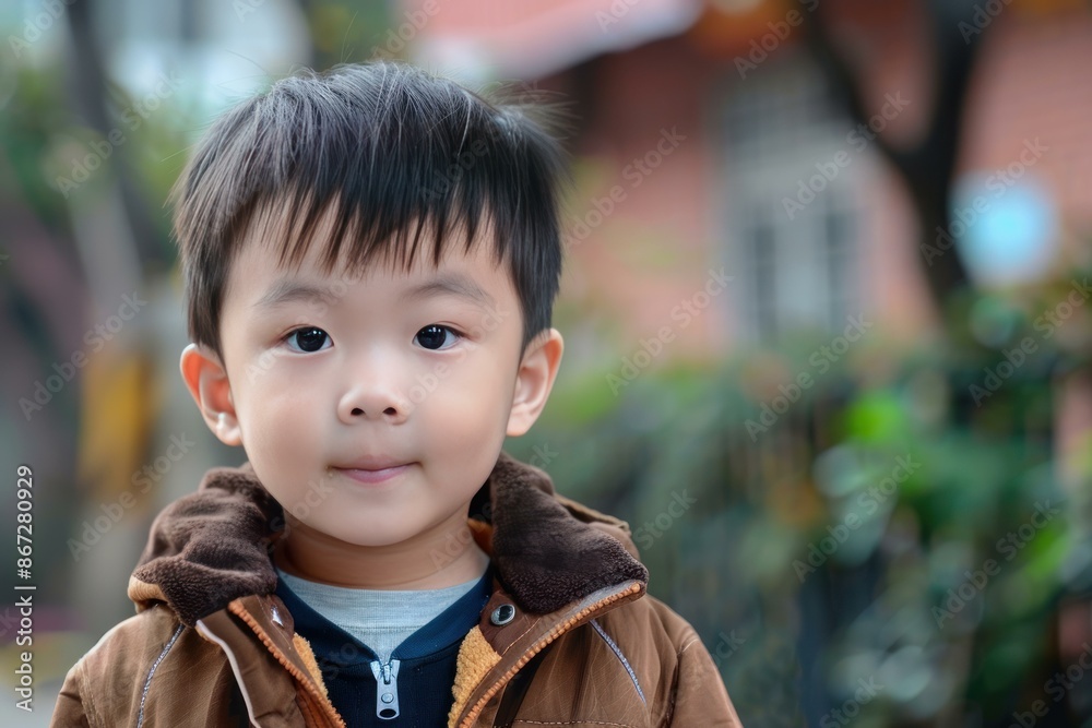 Portrait of a young boy wearing a brown jacket smiling outdoors in front of a blurred background Portrait of a young boy wearing a brown jacket smiling outdoors in front of a blurred background