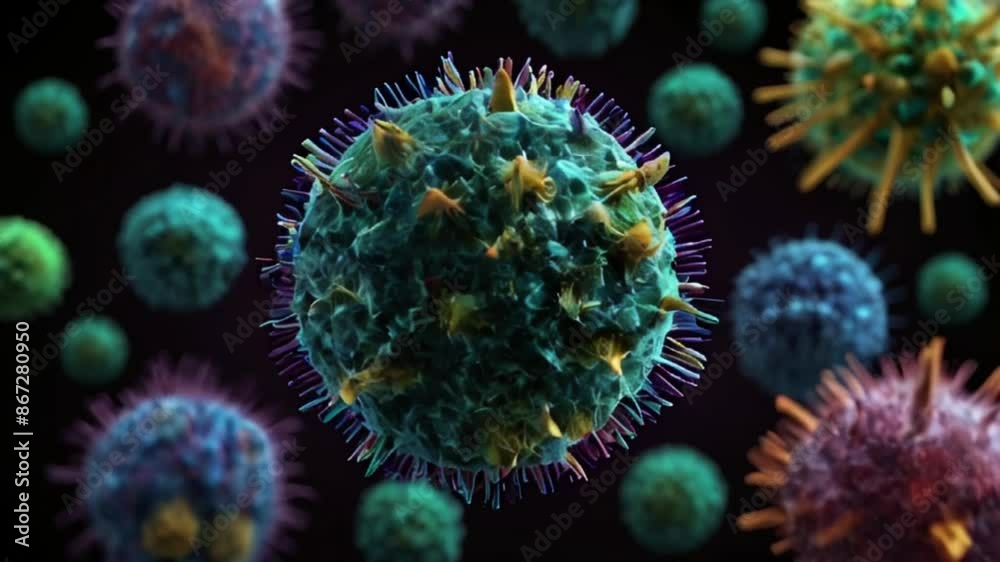 4K looping video:Colorful spiked spheres resembling microscopic viruses in green, yellow and blue, set against a dark background. Digital art for education and disease awareness, pathogen visuals. 4K looping video:Colorful spiked spheres resembling microscopic viruses in green, yellow and blue, set against a dark background. Digital art for education and disease awareness, pathogen visuals.