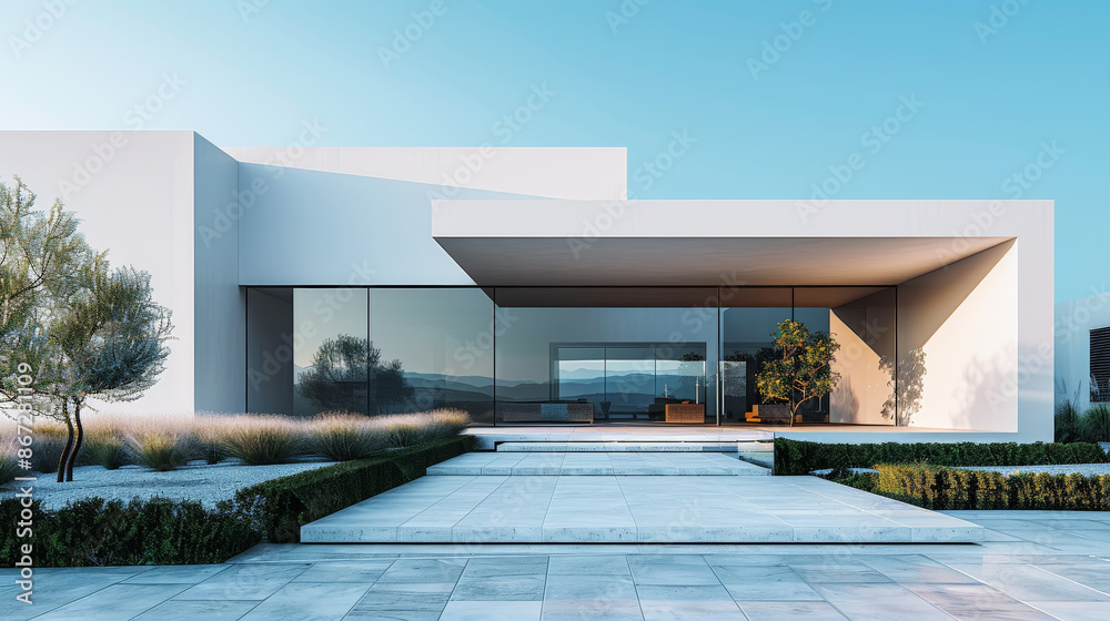 Fototapeta premium Lujoso chalet familiar de hormigón arquitectónico blanco de una planta, con gran ventanal y camino de entrada, y bello jardín, sobre fondo de cielo azul primaveral