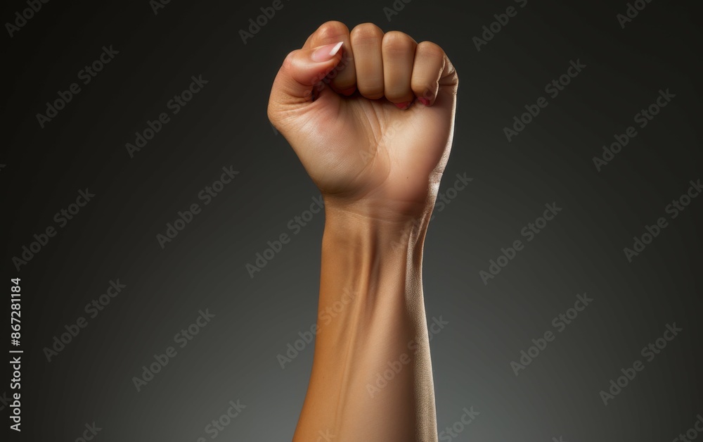 A photo of a raised fist, clenched tight, against a plain gray background. The hand is the only subject in the image A photo of a raised fist, clenched tight, against a plain gray background. The hand is the only subject in the image