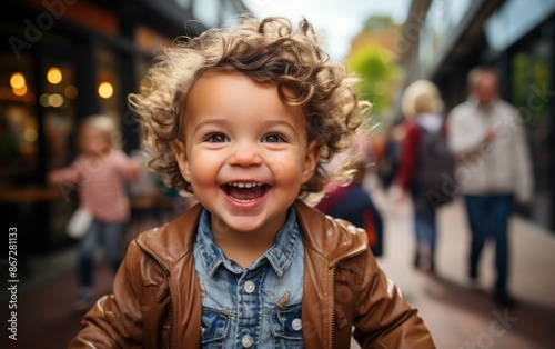 A young child with curly brown hair smiles broadly while walking down a city street