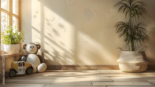 Modern interior of a children's room with a beige wall mock-up background and minimalist style with a wooden floor. There is space on the left for your design.