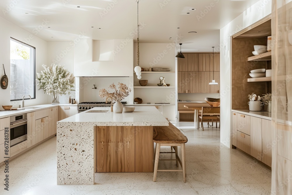 Corner of modern kitchen with white and wooden walls, concrete floor, white countertops with built in sink and cooker Corner of modern kitchen with white and wooden walls, concrete floor, white countertops with built in sink and cooker