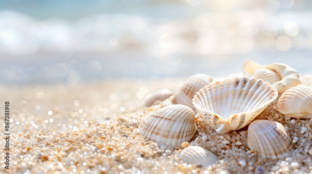 Close-up of seashells on seashore, beach holiday scene, perfect for summer vacation promotions, vivid details Close-up of seashells on seashore, beach holiday scene, perfect for summer vacation promotions, vivid details