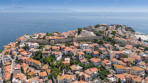 Aerial view of old town, castle and aqueduct in Kavala, Greece, Europe