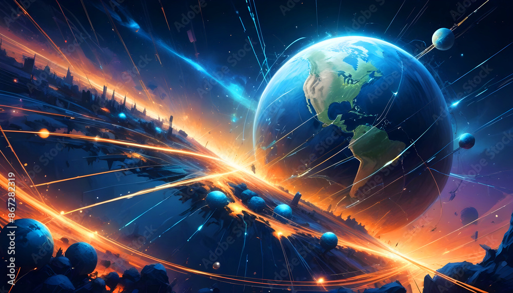 Obraz premium futuristic earth in the night neon city with line abstract wave background 9
