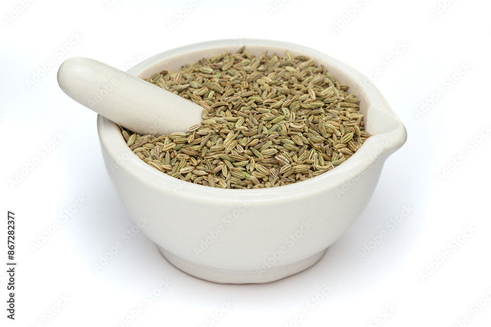 Close-up of Dry Organic Fennel Seeds (Foeniculum vulgare) Badi saunf, in white ceramic mortar and pestle, isolated on a white background. Close-up of Dry Organic Fennel Seeds (Foeniculum vulgare) Badi saunf, in white ceramic mortar and pestle, isolated on a white background.