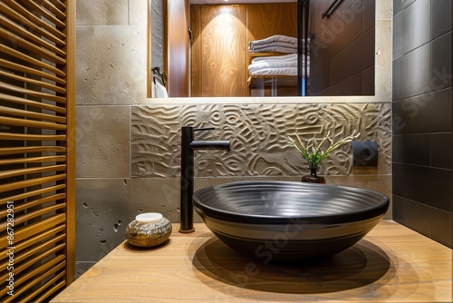 a bathroom with a wooden wall and a black bowl photo