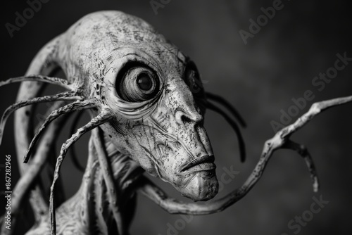 Alien being with large eyes and branching tendrils posing dramatically in monochrome
