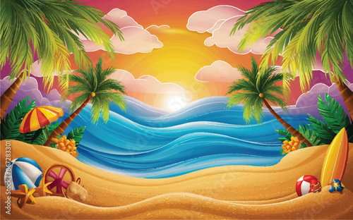 A vibrant and lively beach scene during sunset captures the essence of summer in this captivating t-shirt design. Golden sand, subtle texture, and gentle, flowing waves create a soothing effect.
