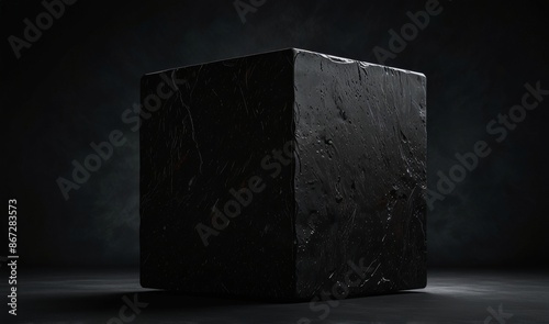An ominous giant black cube rotating on one of its corner, black background, cube is smooth like black granite