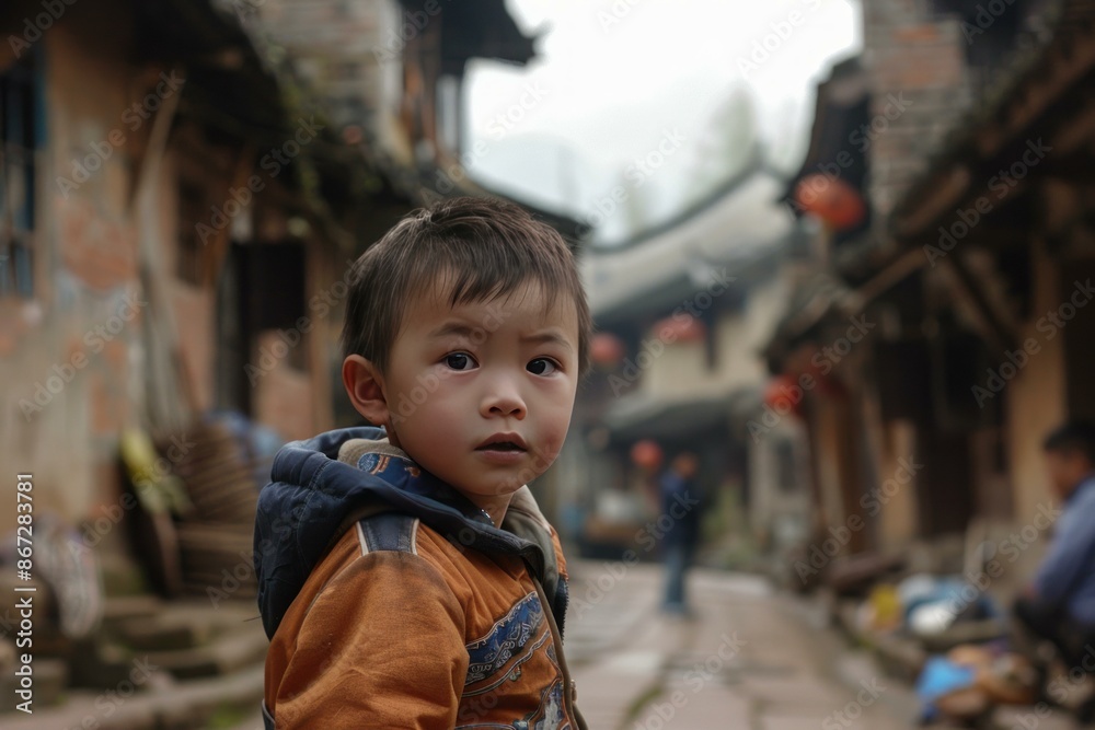 Young chinese boy standing on a cobblestone street in an ancient village, wearing a brown jacket and looking curious Young chinese boy standing on a cobblestone street in an ancient village, wearing a brown jacket and looking curious