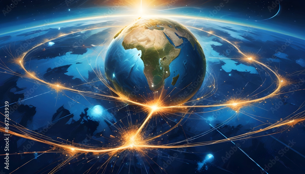 Obraz premium futuristic earth in the night neon city with line abstract wave background 14