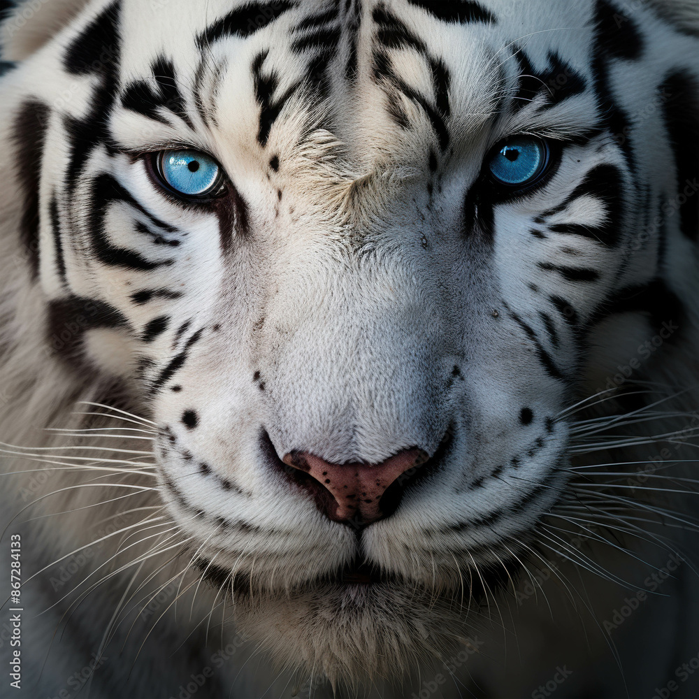 Fototapeta premium Majestic White Tiger with Striking Blue Eyes and Intricate Black Stripes