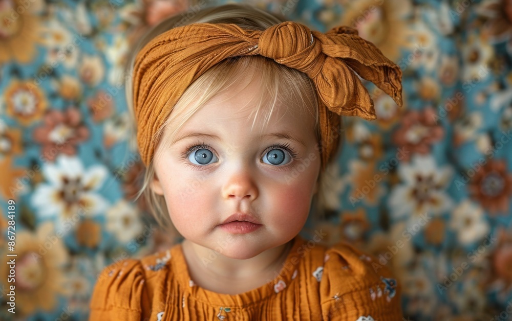 A close-up portrait of a toddler girl with blue eyes wearing a mustard headband A close-up portrait of a toddler girl with blue eyes wearing a mustard headband