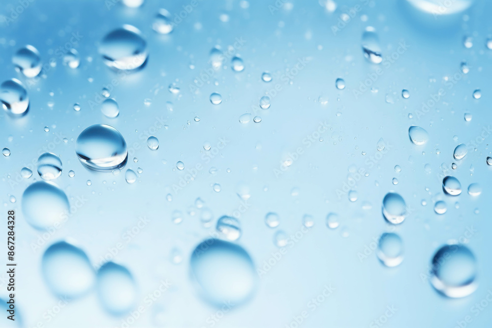 Close-Up of Water Droplets on Glass Surface with a Soft Blue Background Close-Up of Water Droplets on Glass Surface with a Soft Blue Background