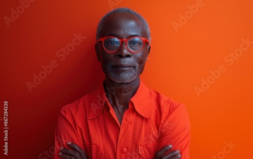 A man wearing a red shirt and red-rimmed glasses stands in front of a bright orange background with his arms crossed