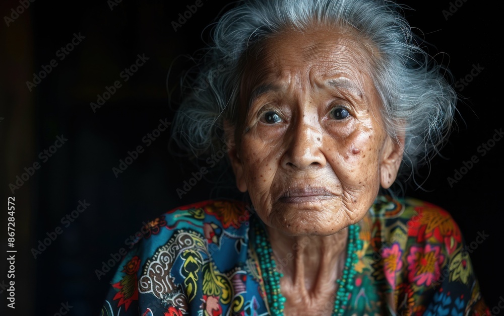 A close-up portrait of an elderly Indigenous woman wearing a brightly patterned blouse A close-up portrait of an elderly Indigenous woman wearing a brightly patterned blouse
