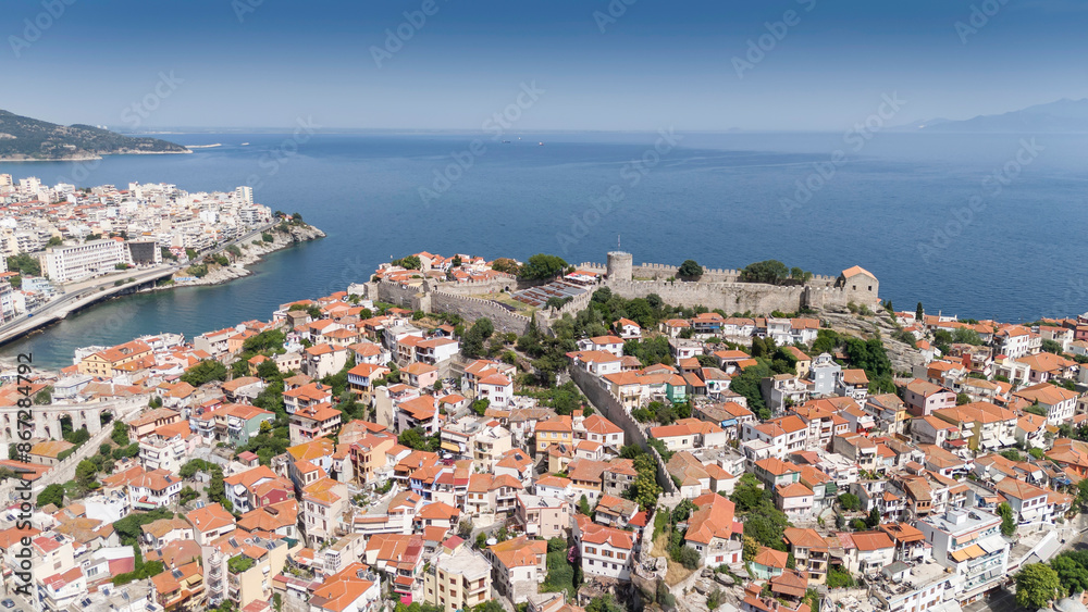 Aerial view of old town, castle and aqueduct in Kavala, Greece, Europe Aerial view of old town, castle and aqueduct in Kavala, Greece, Europe