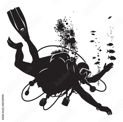 A vector Scuba diving silhouette vector isolated on white background.