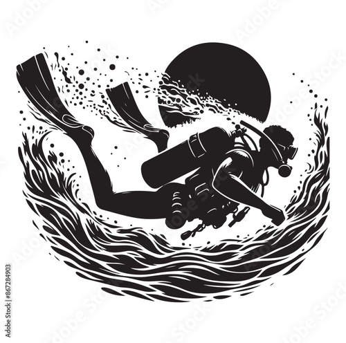 A vector Scuba diving silhouette vector isolated on white background.