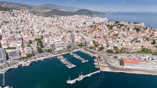 Aerial view of old town, castle and aqueduct in Kavala, Greece, Europe