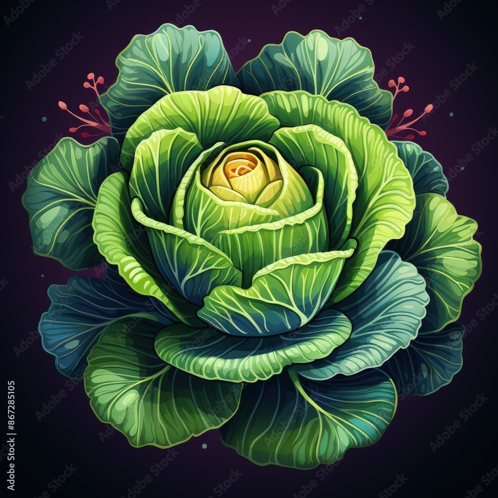 Obraz premium Green Cabbage in Minimalistic Flat Design with Dark Colors