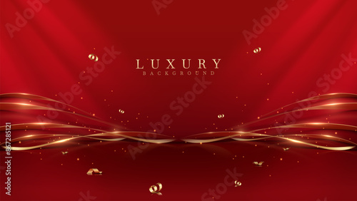Elegant red backdrop decorated with golden ribbons and sparkling light effects. The backgrounds are ideal for celebrating holidays, birthdays, and special occasions. or award ceremony.