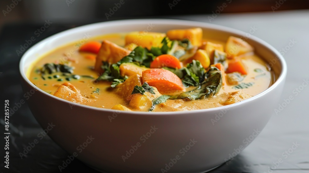 Creamy Curry Soup with Vegetables in a White Bowl Creamy Curry Soup with Vegetables in a White Bowl
