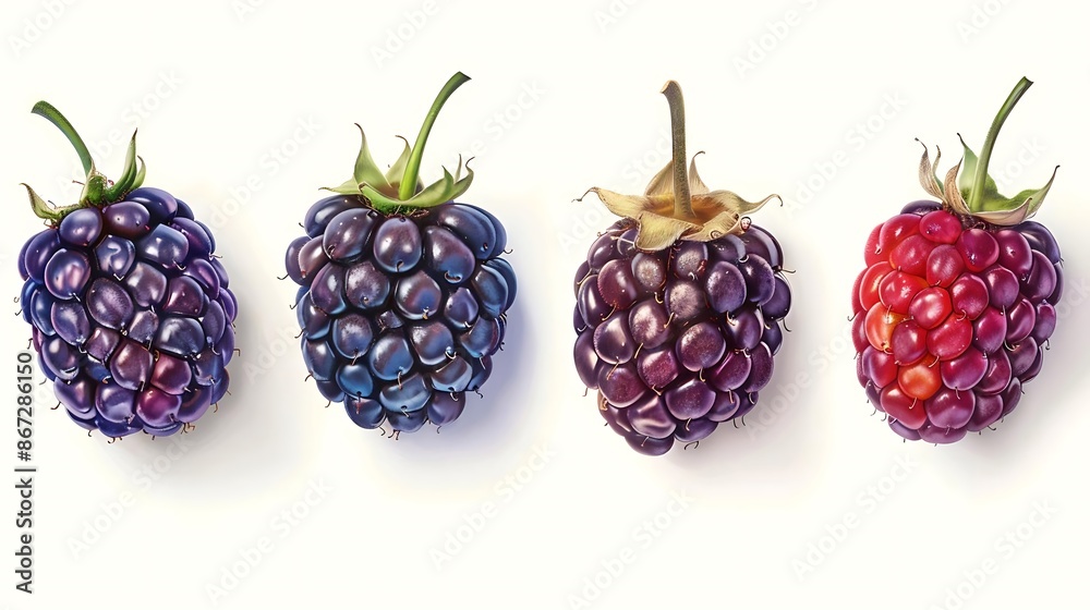 Blackberry Illustration: Close-up of Four Blackberries in Different Stages of Ripeness Blackberry Illustration: Close-up of Four Blackberries in Different Stages of Ripeness