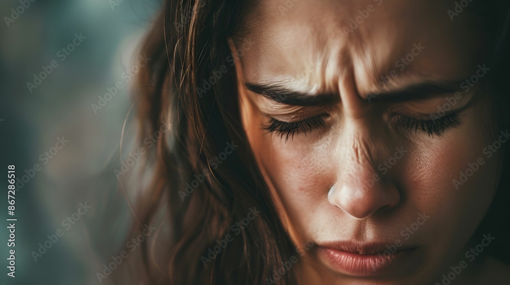 A close-up of a woman with a distressed expression, eyes closed and eyebrows furrowed, conveying deep emotion and inner turmoil. A close-up of a woman with a distressed expression, eyes closed and eyebrows furrowed, conveying deep emotion and inner turmoil.