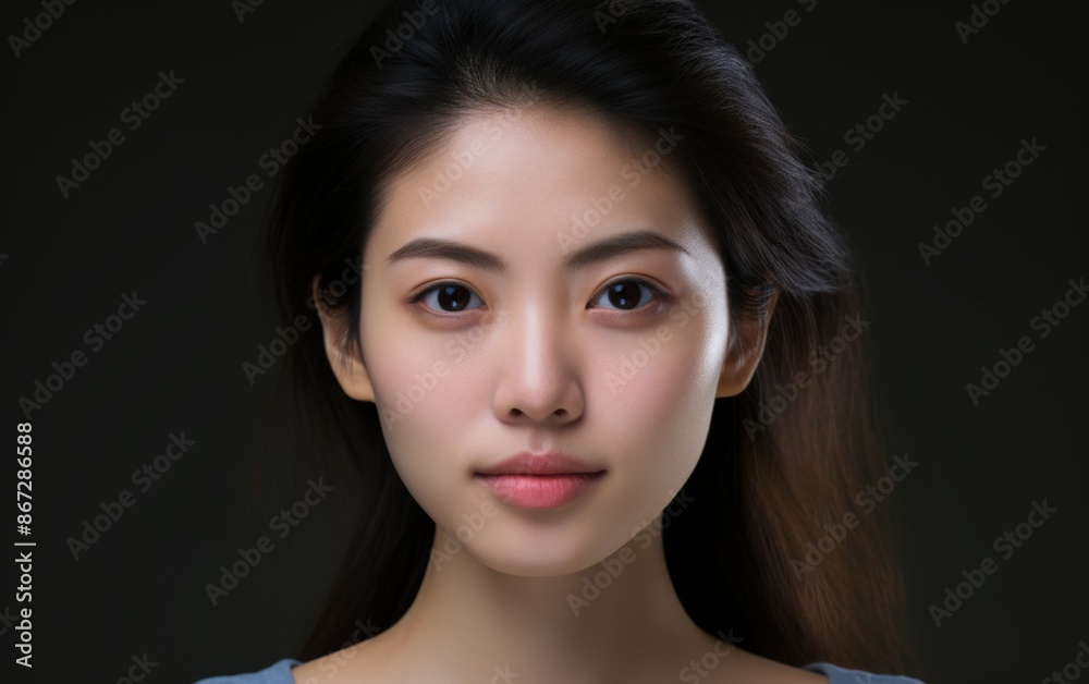 A close-up portrait of a young Asian woman with dark hair, looking directly at the camera. Her expression is neutral A close-up portrait of a young Asian woman with dark hair, looking directly at the camera. Her expression is neutral